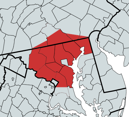 "Coverage area map highlighting Music Medic Entertainment's service regions in Maryland and surrounding areas."